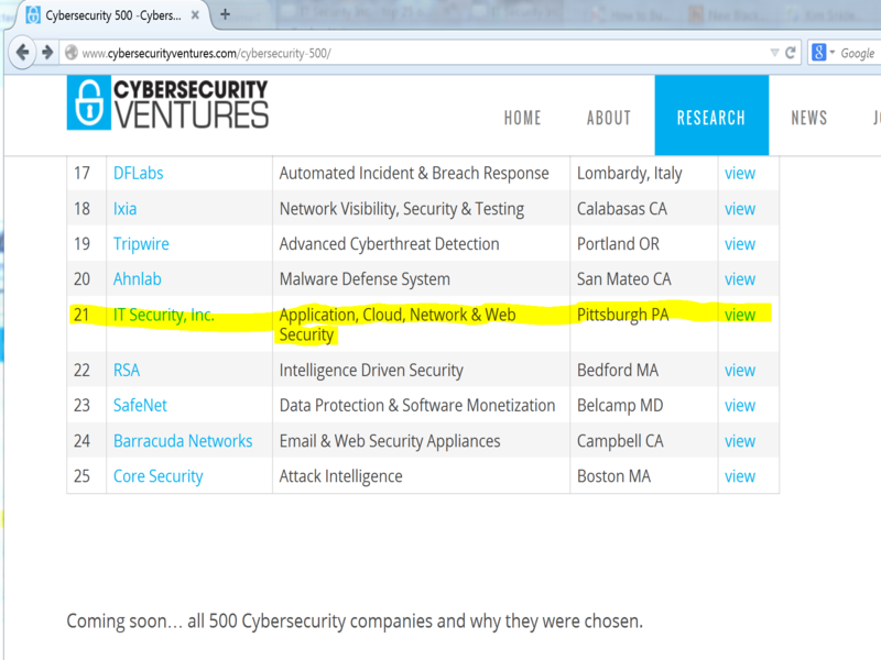 IT Security, Inc. listed as #21 in the CyberSecurity 500